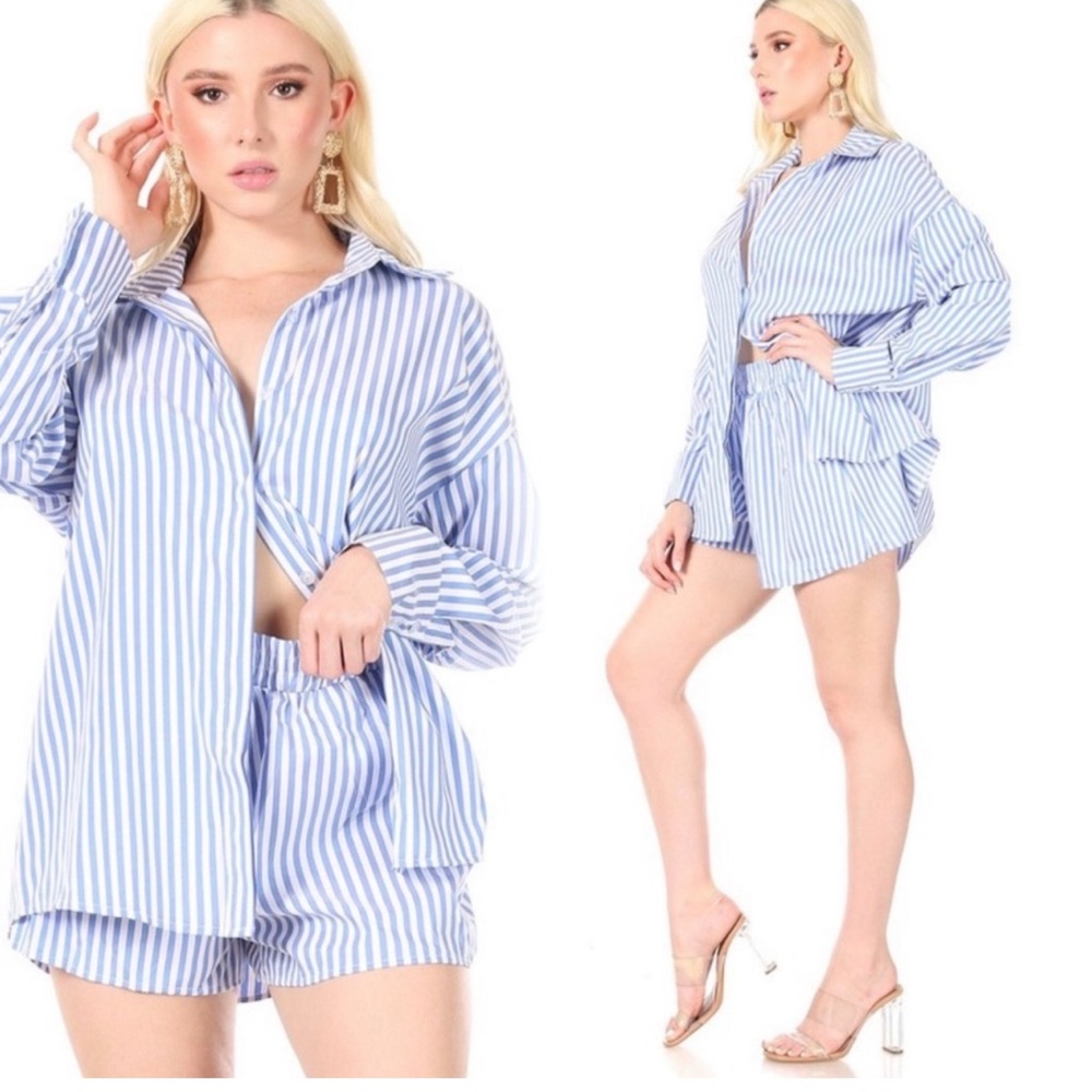 Blue and White Striped Shirt and Shorts Set